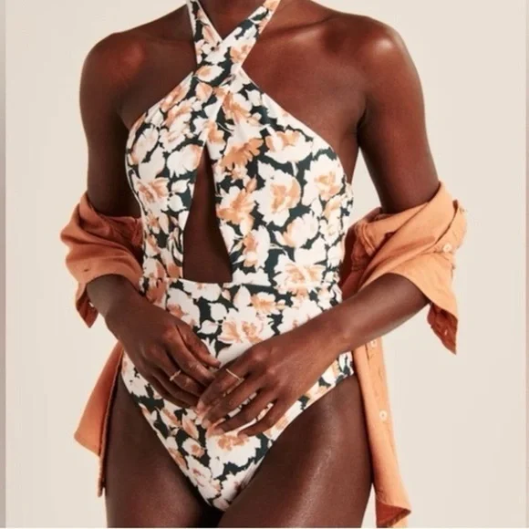 Abercrombie & Fitch Floral cross front One Piece Swimsuit - Black and Cream Sz M - Picture 1 of 11